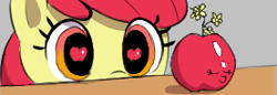 Size: 277x95 | Tagged: safe, artist:crade, ponerpics import, apple bloom, earth pony, pony, adorabloom, aggie.io, apple, cute, eyes on the prize, female, filly, flower, foal, food, gray background, looking at something, lowres, simple background, wingding eyes