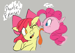 Size: 585x415 | Tagged: safe, artist:crade, artist:hattsy, ponerpics import, apple bloom, pinkie pie, earth pony, pony, aggie.io, bow, female, licking, mare, one eye closed, open mouth, simple background, smiling, talking, tongue, tongue out