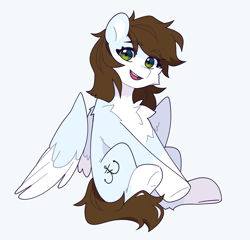 Size: 2083x2000 | Tagged: safe, artist:floweryoutoday, oc, oc only, oc:serenade sky, pegasus, pony, chest fluff, female, looking at you, mare, open mouth, open smile, simple background, sitting, smiling, smiling at you, solo, white background