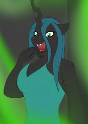 Size: 595x842 | Tagged: safe, artist:afhybrid, derpibooru import, queen chrysalis, anthro, changeling, changeling queen, clothes, dress, evil laugh, female, laughing, noblewoman's laugh, open mouth, solo