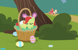 Size: 3100x2000 | Tagged: safe, anonymous artist, derpibooru import, big macintosh, fluttershy, oc, oc:late riser, pony, series:fm holidays, baby, baby pony, basket, bunny ears, bush, colt, easter, easter basket, easter egg, eyes closed, female, fluttermac, foal, high res, holiday, lineless, male, mare, no pupils, offspring, open mouth, parent:big macintosh, parent:fluttershy, parents:fluttermac, path, searching, shipping, sleeping, stallion, straight, tree, underhoof