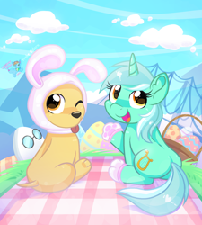 Size: 1636x1818 | Tagged: safe, artist:rainbow eevee, derpibooru import, lyra heartstrings, dog, pony, unicorn, 2022, adopt me!, adoption island, basket, bridge, brown eyes, building, bunny ears, bunny feet, bunny hood, butt, clothes, cloud, cutie mark, digital art, easter, easter basket, easter egg, egg (food), eggburt, eyelashes, female, food, happy, holiday, hoodie, one eye closed, open mouth, orange eyes, paw pads, paws, plot, roblox, silhouette, sitting, sky, tongue, tongue out, two toned mane, underpaw