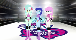 Size: 3330x1785 | Tagged: safe, artist:invisibleink, derpibooru import, lyra heartstrings, minuette, twinkleshine, equestria girls, belly button, breasts, clothes, elbow pads, female, knee pads, sports, sports bra, sports panties, wrestler, wrestling, wrestling ring