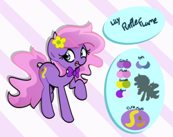 Size: 680x541 | Tagged: safe, artist:kindakismet, derpibooru import, oc, oc only, oc:lily purpleflame, pony, female, flower, mare, reference sheet