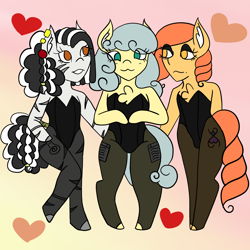 Size: 2048x2048 | Tagged: safe, artist:mintymelody, derpibooru import, oc, oc:light bright, oc:rainbow ribbon, oc:zurina, earth pony, pegasus, semi-anthro, zebra, bunny suit, clothes, crossdressing, stockings, thigh highs