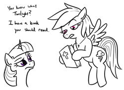 Size: 708x516 | Tagged: safe, artist:jargon scott, derpibooru import, rainbow dash, twilight sparkle, unicorn twilight, pegasus, pony, unicorn, bible, black and white, christianity, cross, cross necklace, dialogue, female, frown, grayscale, hoof hold, jewelry, lidded eyes, lineart, mare, monochrome, necklace, neo noir, partial color, religion, simple background, white background