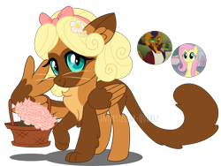 Size: 3072x2308 | Tagged: safe, artist:interstellar-quartz, derpibooru import, capper dapperpaws, fluttershy, oc, hybrid, pegasus, basket, flower, interspecies offspring, offspring, parent:capper dapperpaws, parent:fluttershy, simple background, transparent background, watermark