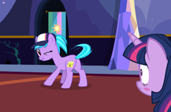 Size: 2532x1664 | Tagged: safe, artist:lunaticdawn, derpibooru import, azure velour, twilight sparkle, earth pony, pony, blushing, butt, butt shake, cap, female, hat, one eye closed, plot, smiling, sticky note, text, twilight's castle, wink