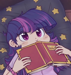 Size: 1200x1265 | Tagged: safe, artist:krista-21, derpibooru import, twilight sparkle, human, :>, bed, book, cute, female, humanized, simple background, solo, that pony sure does love books, twiabetes