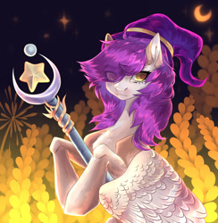 Size: 1280x1313 | Tagged: safe, artist:meggychocolatka, derpibooru import, oc, oc only, pegasus, pony, crescent moon, eye clipping through hair, eyelashes, female, food, hat, mare, moon, outdoors, pegasus oc, scepter, solo, stars, wheat, wings, witch hat