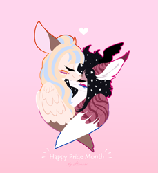 Size: 1833x2000 | Tagged: safe, artist:henorinya, derpibooru import, oc, oc only, pegasus, pony, ear fluff, ears, eyelashes, eyes closed, female, hug, lesbian, mare, oc x oc, pegasus oc, pink background, shipping, simple background, smiling, wings