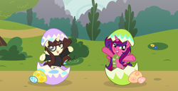 Size: 3431x1767 | Tagged: safe, artist:darbypop1, derpibooru import, oc, oc only, oc:alyssa rice, oc:darby, alicorn, pony, clothes, easter egg, female, glasses, mare, scarf