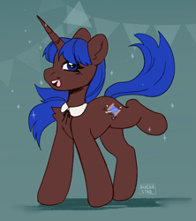 Size: 2423x2731 | Tagged: safe, artist:sugarstar, derpibooru import, oc, oc only, pony, unicorn, female, mare, open mouth, open smile, raised hoof, raised leg, smiling, solo, sparkles