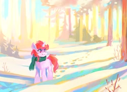 Size: 2048x1477 | Tagged: safe, artist:dearmary, derpibooru import, oc, oc only, oc:dawnfire, pony, unicorn, clothes, forest, scarf, scenery, snow, solo, tree