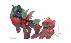 Size: 3000x1800 | Tagged: safe, artist:freeedon, derpibooru import, oc, oc only, bat pony, changeling, pony, bat pony oc, bow, changeling oc, chest fluff, collar, double colored changeling, duo, duo female, female, gradient mane, gradient tail, hair bow, leash, mare, mouth hold, pet collar, pulling, red changeling, scrunchy face, simple background, tail, unwilling, white background