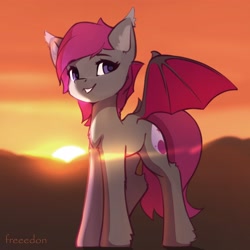 Size: 2900x2900 | Tagged: safe, artist:freeedon, derpibooru import, oc, oc only, bat pony, pony, backlighting, bat pony oc, chest fluff, ear tufts, female, looking at you, mare, skyline, smiling, smiling at you, solo, sun, sunset