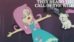 Size: 1280x720 | Tagged: safe, derpibooru import, edit, edited screencap, editor:quoterific, screencap, fluttershy, better together, equestria girls, outtakes (episode), clothes, cutie mark on clothes, eyes closed, female, geode of fauna, jewelry, lying down, magical geodes, necklace, open mouth, text, video camera