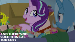 Size: 1280x720 | Tagged: safe, derpibooru import, edit, edited screencap, editor:quoterific, screencap, starlight glimmer, trixie, pony, unicorn, road to friendship, season 8, spoiler:s08, box, duo, female, mare, open mouth, open smile, smiling, text