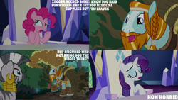 Size: 1280x720 | Tagged: safe, derpibooru import, edit, edited screencap, editor:quoterific, screencap, pinkie pie, rarity, rockhoof, zecora, earth pony, pony, unicorn, zebra, a rockhoof and a hard place, season 8, spoiler:s08, eyes closed, female, male, mare, open mouth, stallion, text, twilight's castle