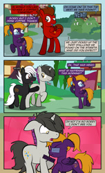 Size: 1920x3168 | Tagged: safe, artist:alexdti, derpibooru import, oc, oc only, oc:bass sparks, oc:purple creativity, oc:slide fortissimo, earth pony, pegasus, pony, unicorn, comic:quest for friendship, bump, bush, comic, dialogue, ear piercing, earring, ears back, earth pony oc, eyes closed, female, folded wings, glasses, high res, hooves, horn, jewelry, looking at each other, looking at someone, looking back, male, mare, misspelling, nose wrinkle, onomatopoeia, open mouth, open smile, outdoors, pegasus oc, piercing, pointing, ponytail, raised eyebrow, raised hoof, raised leg, scrunchy face, shadow, smiling, speech bubble, stallion, standing, tail, unicorn oc, walking, wall of tags, wings
