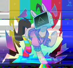 Size: 2636x2480 | Tagged: safe, artist:musicfirewind, derpibooru import, oc, oc only, oc:mono, earth pony, pony, aesthetics, clothes, error, glitch, socks, solo, striped socks, television