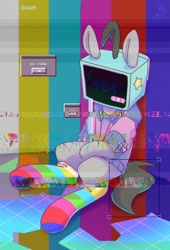 Size: 1392x2048 | Tagged: safe, artist:musicfirewind, derpibooru import, oc, oc only, oc:mono, earth pony, pony, aesthetics, clothes, error, glitch, sitting, socks, solo, static, striped socks, television