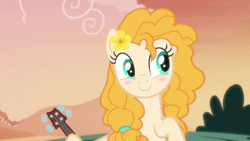 Size: 1280x720 | Tagged: safe, derpibooru import, screencap, pear butter, earth pony, pony, season 7, the perfect pear, blushing, cute, daaaaaaaaaaaw, female, guitar, implied bright mac, mare, musical instrument, pearabetes, smiling, solo