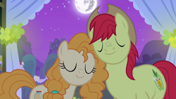 Size: 1280x720 | Tagged: safe, derpibooru import, screencap, bright mac, pear butter, earth pony, pony, season 7, the perfect pear, brightbutter, duo, eyes closed, female, male, mare, mare in the moon, marriage, moon, shipping, shipping fuel, stallion, straight, wedding