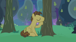 Size: 1280x720 | Tagged: safe, derpibooru import, screencap, grand pear, earth pony, pony, the perfect pear, animated, food, kissing, male, orchard, pear, pear orchard, pear tree, solo, stallion, tree