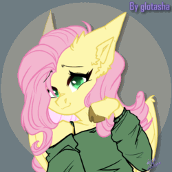 Size: 1080x1080 | Tagged: safe, artist:glotasha, derpibooru import, fluttershy, pegasus, pony, semi-anthro, animated, auction, bashful, blinking, blushing, clothes, commission, cute, female, gif, heart, hooves, looking at you, looking sideways, mare, shy, smiling, smiling at you, solo, top, ych animation, ych example, your character here
