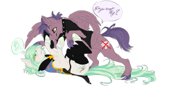 Size: 1731x887 | Tagged: safe, artist:requiem♥, derpibooru import, oc, oc only, oc:blindside, oc:requiem, pegasus, unicorn, clothes, cutie mark, duo, golden eyes, green hooves, green mane, purple hooves, purple mane, simple background, transparent background, white fur