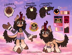 Size: 2310x1747 | Tagged: safe, artist:dannonhynha, derpibooru import, oc, anthro, kirin, clothes, curly hair, cute, drawn on phone, kirin oc, looking at you, pastel, ponysona, potoo, potoobird, reference, reference sheet, sky, smiling, solo, sunset