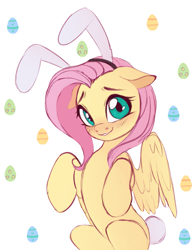 Size: 1713x2186 | Tagged: safe, artist:vetta, derpibooru import, fluttershy, pegasus, pony, abstract background, blushing, bunny ears, bunny tail, cute, easter egg, female, looking at you, mare, shyabetes, simple background, smiling, smiling at you, solo, tail, white background