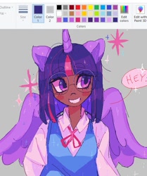 Size: 519x622 | Tagged: safe, artist:mercysstrap, derpibooru import, twilight sparkle, twilight sparkle (alicorn), alicorn, human, clothes, dark skin, eared humanization, eyebrows, eyebrows visible through hair, glasses, gray background, horn, horned humanization, humanized, ms paint, round glasses, shirt, simple background, smiling, solo, vest, winged humanization, wings