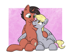 Size: 2012x1586 | Tagged: safe, artist:single purpose, derpibooru import, derpy hooves, oc, pony, unicorn, belly button, canon x oc, cuddling, cutie mark, female, hug, looking at each other, looking at someone, male, mare, shipping, simple background, sitting, stallion, winghug, wings