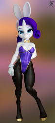 Size: 930x2056 | Tagged: safe, artist:thirteeenth, derpibooru import, rarity, anthro, unguligrade anthro, unicorn, 3d, 3d model, bowtie, bunny ears, bunny suit, clothes, digital art, female, looking at you, pantyhose, render, signature, simple background, smiling, smiling at you, solo