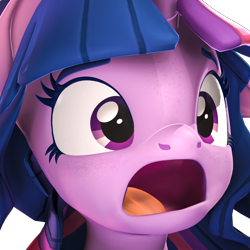 Size: 1400x1400 | Tagged: safe, artist:imafutureguitarhero, derpibooru import, twilight sparkle, pony, unicorn, 3d, 3d model, bust, d:, eyes open, freckles, horn, open mouth, portrait, reaction image, shocked, shocked expression, simple background, solo, transparent background, twitch