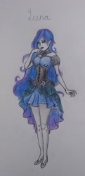 Size: 1999x4143 | Tagged: safe, artist:lystic girl, derpibooru import, princess luna, human, anime, clothes, corset, dress, hand on chin, humanized, kotobukiya, kotobukiya princess luna, looking at you, redraw, solo, traditional art