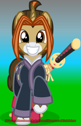 Size: 660x1032 | Tagged: safe, artist:samurai echidna, artist:samurai equine, derpibooru import, oc, oc only, oc:samurai equine, pony, unicorn, boots, clothes, happy, japanese, katana, looking at you, male, shoes, simple background, smiling, stallion, sword, vector, weapon