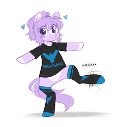 Size: 770x810 | Tagged: safe, artist:higglytownhero, derpibooru import, oc, oc only, oc:mio, earth pony, pony, bipedal, clothes, coat markings, cute, dc comics, dick grayson, female, heart, looking at you, mare, nightwing, shirt, simple background, smiling, smiling at you, socks, solo, standing on one leg, t-shirt, white background