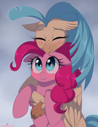 Size: 800x1044 | Tagged: safe, artist:verawitch, derpibooru import, pinkie pie, princess skystar, classical hippogriff, earth pony, hippogriff, pony, my little pony: the movie, blushing, c:, cuddling, cute, deleted from derpibooru, diapinkes, duo, ears, eyes closed, female, floppy ears, gradient background, holding a pony, hug, hug from behind, lesbian, mare, shipping, sitting, skyabetes, skypie, smiling, spooning, weapons-grade cute