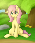 Size: 2053x2456 | Tagged: safe, artist:wapamario63, fluttershy, pegasus, pony, cute, ears, female, floppy ears, flower, looking at you, mare, shyabetes, sitting, smiling, smiling at you, solo, volumetric light