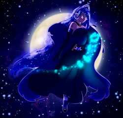 Size: 1024x978 | Tagged: safe, artist:stormcloud-yt, derpibooru import, princess luna, human, clothes, female, flying, full body, gloves, humanized, long gloves, lunan, moon, night, outdoors, solo, winged humanization, wings