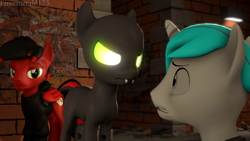 Size: 3840x2160 | Tagged: safe, artist:fireemerald123, derpibooru import, oc, oc only, oc:dr.caduceus, oc:page feather, oc:the voice, pegasus, unicorn, 3d, alley, brick wall, city, gun, handgun, night, revolver, source filmmaker, void entity, voidpunk, watermark, weapon