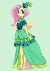 Size: 655x931 | Tagged: safe, artist:melodylibris, derpibooru import, fluttershy, anthro, pegasus, unguligrade anthro, blushing, clothes, cute, dress, female, gala dress, green background, looking at you, looking sideways, mare, shyabetes, simple background, smiling, smiling at you, solo