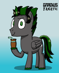 Size: 725x905 | Tagged: safe, artist:gradiusfanatic, derpibooru import, oc, oc only, oc:monolith, pegasus, pony, drinking straw, gradient background, looking at you, male, mate, pegasus oc, signature, smiling, smiling at you, solo, stallion