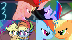 Size: 3416x1920 | Tagged: safe, derpibooru import, edit, edited screencap, screencap, applejack, rainbow dash, earth pony, pegasus, pony, cotton candy-colored glasses, eqg summertime shorts, equestria girls, fall weather friends, my little pony: pony life, raise this roof, season 1, spoiler:pony life s02e04, applejack's hat, bare shoulders, clothes, cowboy hat, duo, duo female, fall formal outfits, female, hat, looking at each other, looking at someone, mare, sleeveless, smiling, strapless