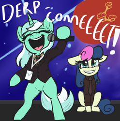 Size: 2500x2520 | Tagged: safe, artist:t72b, derpibooru import, bon bon, lyra heartstrings, sweetie drops, earth pony, pony, unicorn, april fools, april fools 2022, bipedal, bitconnect, clothes, crypto, ears, eyes closed, female, floppy ears, grin, hoof hold, l.u.l.s., mare, meme, necktie, open mouth, ponified, ponified meme, sitting, smiling