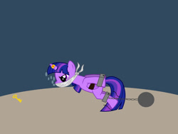 Size: 1000x750 | Tagged: safe, artist:changeling 47, derpibooru import, twilight sparkle, twilight sparkle (alicorn), alicorn, pony, unicorn, angry, asphyxiation, ball and chain, bondage, cloth gag, damsel in distress, distressed, drowning, gag, horn, horn ring, key, magic suppression, ring, sinking, solo, struggling, tied up, underwater