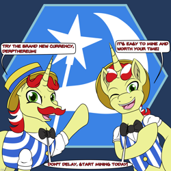 Size: 2000x2000 | Tagged: safe, artist:novaspark, derpibooru exclusive, derpibooru import, flam, flim, pony, unicorn, april fools, april fools 2022, brothers, clothes, crypto, derpthereum, duo, duo male, flim flam brothers, hexagon, identical twins, joke, male, siblings, stallion, that was fast, twin brothers, twins